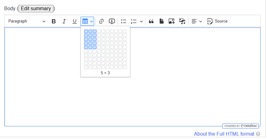 Στιγμιότυπο οθόνης που απεικονίζει ένα πλαίσιο κειμένου και το εικονίδιο «Ιnsert table» (Εισαγωγή πίνακα), το οποίο είναι επιλεγμένο στην επάνω γραμμή του μενού