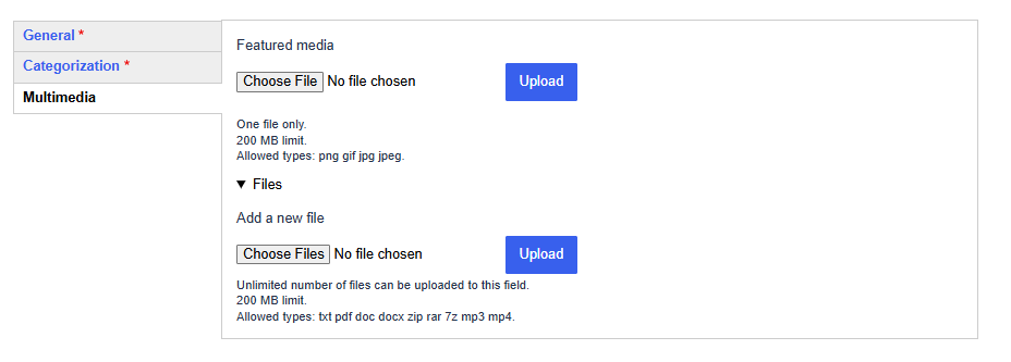 Στιγμιότυπο οθόνης που απεικονίζει την ιστοσελίδα που βλέπετε κατά τη δημιουργία μιας κοινότητας. Δείχνει τρεις καρτέλες στην αριστερή γραμμή του μενού: «General» (Γενικά), «Categorization» (Κατηγοριοποίηση) και «Multimedia» (Πολυμέσα). Στην αριστερή γραμμή του μενού επιλέγετε την καρτέλα «Multimedia» (Πολυμέσα) και στη δεξιά πλευρά υπάρχουν δύο κουμπιά μέσω των οποίων μπορείτε να τηλεφορτώσετε πολυμέσα.
